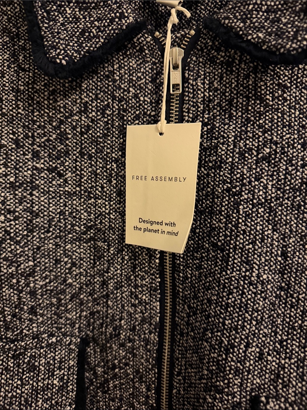 Pleated Tweed Bomber Jacket - Navy/White - Picture 3 of 5